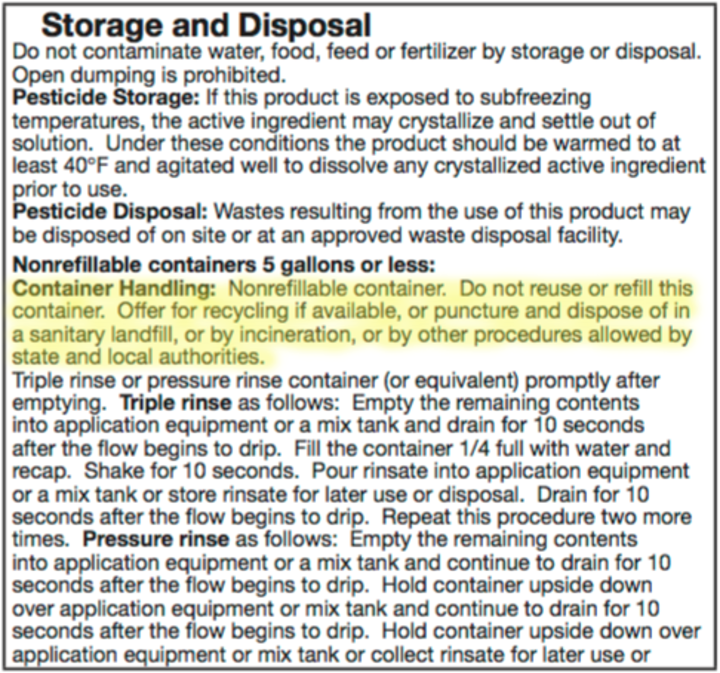 Screenshot of an herbicide label showing container disposal instructions